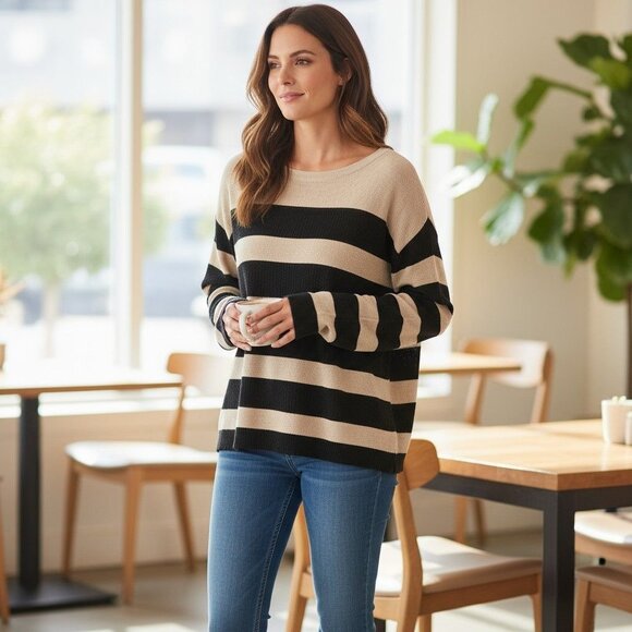 Coldwater Creek XL Striped Sweater Beige & Black Wool Cotton Blend - Picture 2 of 10